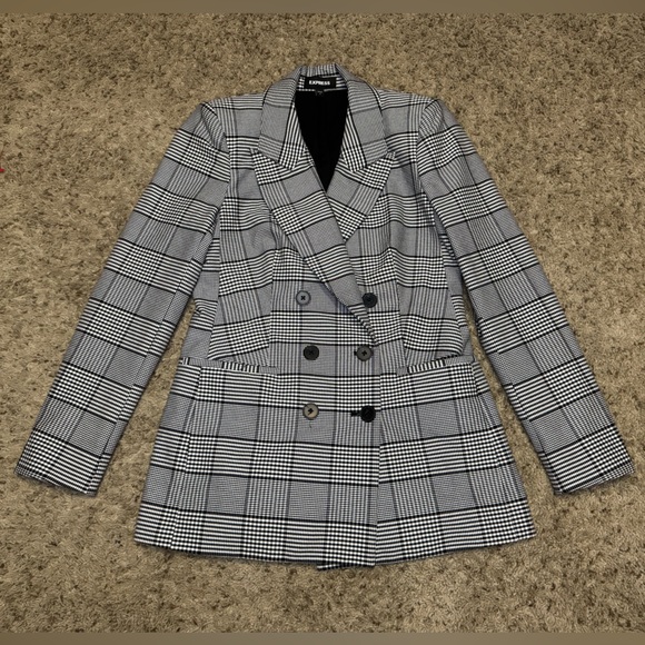 EXPRESS Black White Plaid Lapel Double Breasted Blazer Jacket Career Academia S - Picture 2 of 11